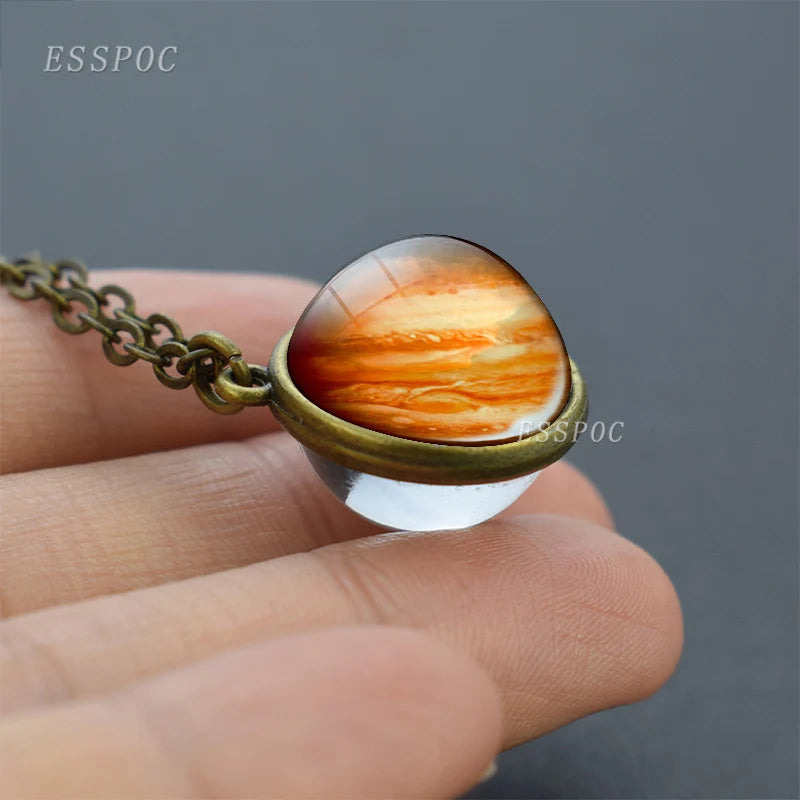 Full Moon Sphere Crystal Ball Glass Necklace Handmade Double Side Glass Ball Pendant Solar System Outer Space Astronomy Jewelry