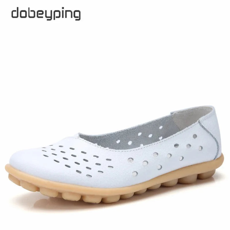 Dobeyping Leather Women Flats New Cut-Outs Summer Shoes Woman Hollow Women's Loafers Female Solid Shoe Large Size 35-44