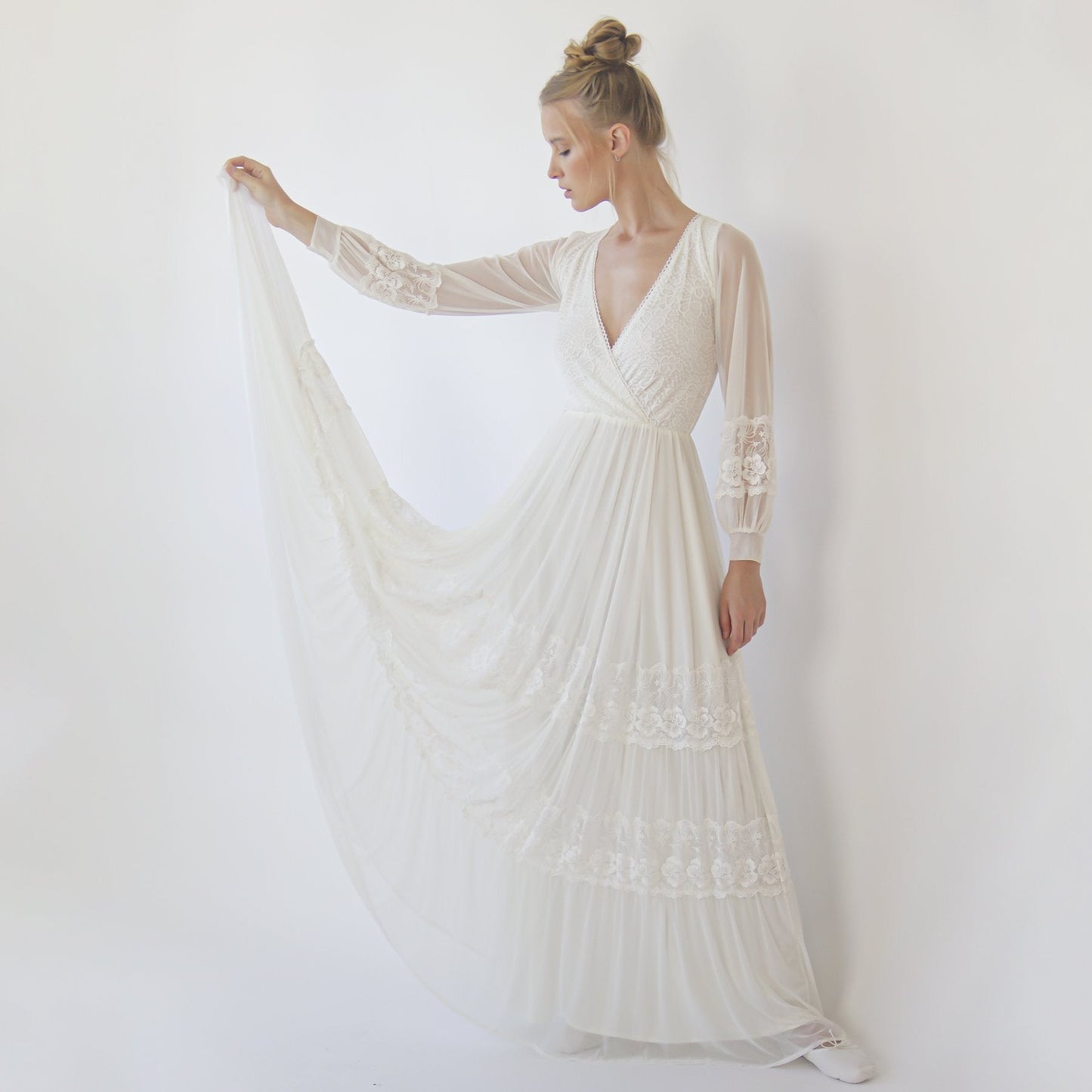 Bestseller Ivory Wrap Lace Wedding Dress With Chiffon Mesh Sleeves #1352
