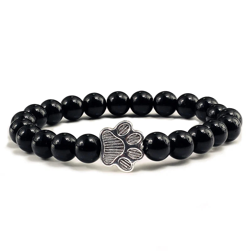 Natural Matte Black Lava Volcanic Stone Paw Print Charm Bracelet Homme Femme Pet Memorial Cat Dog Lovers Jewelry Bracelets
