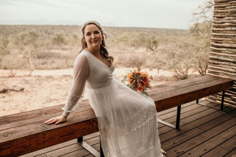 Bestseller Ivory Wrap Lace Wedding Dress With Chiffon Mesh Sleeves #1352