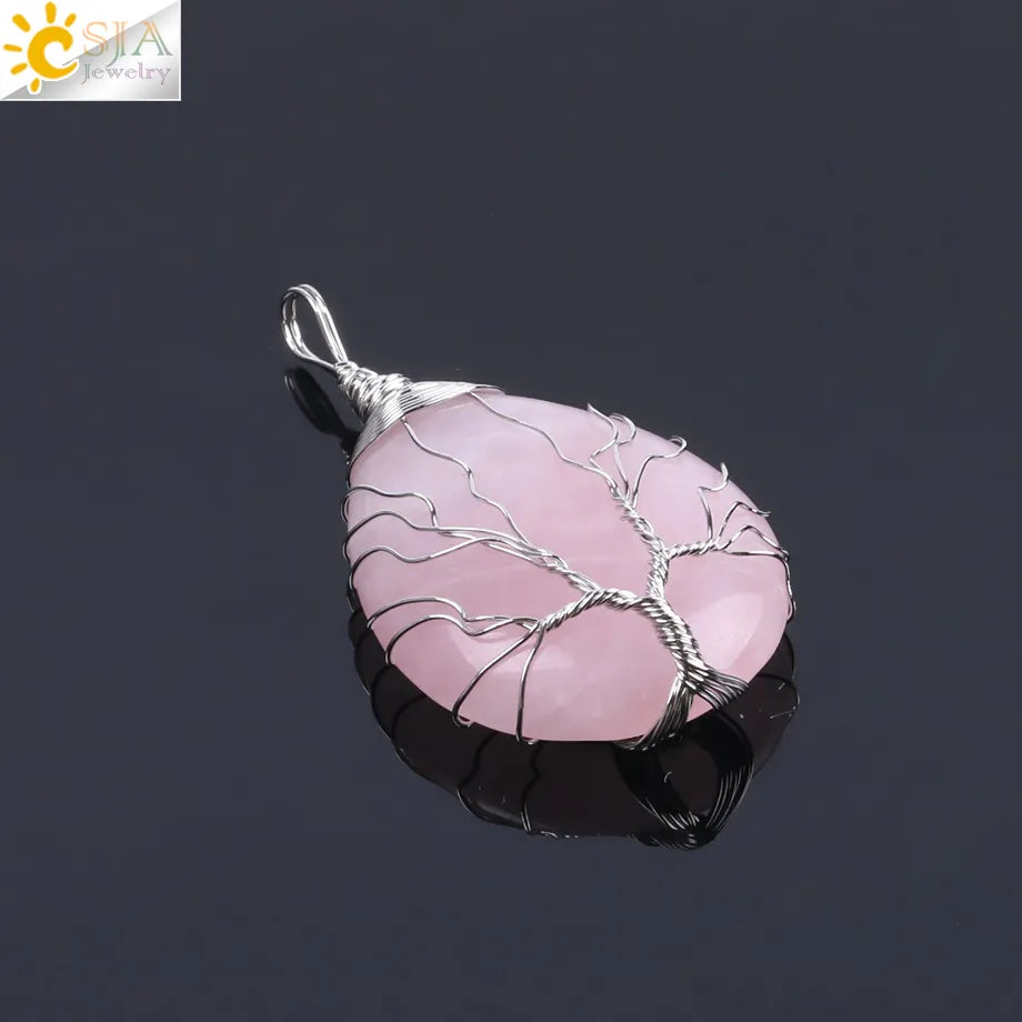CSJA Natural Stone Pink Quartz Necklace & Pendant Silver-Color Tree of Life Wire Wrapped Water Drop Shape for Women Jewelry F122