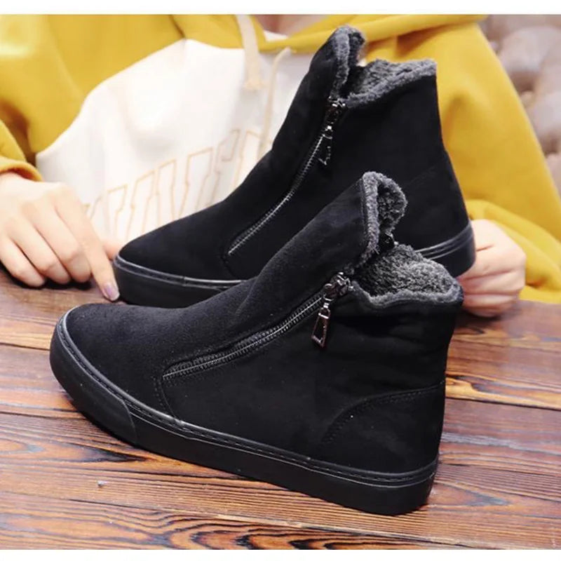 2023 Winter Snow Boots Women Winter Shoes Zip Warm Plush Cold Winter Flat Cotton Shoes Ladies Brand Ankle Botas Black
