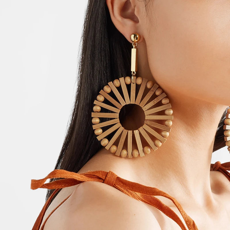 AENSOA Multiple 27 Style Korea Handmade Wooden Straw Weave Rattan Vine Braid Drop Earrings New Geometric Long Earrings