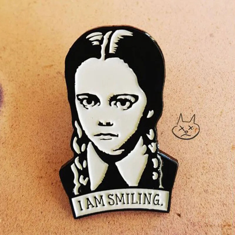 Adams Family Brooch I Am Smiling Wednesday Enamel Pin Hard Lapel Pins Figure Girl Broche Jewelry Accessories Punk Fun