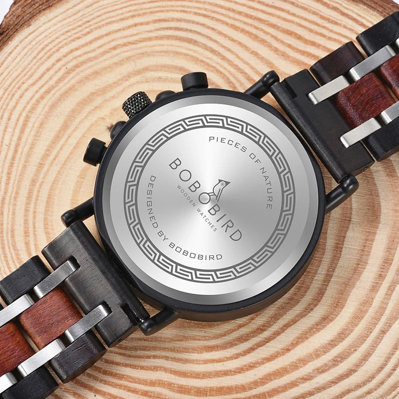BOBO BIRD Wooden Watch Men Top Brand Luxury Stylish Chronograph Military Watches Wooden Box Logo Custom Great Reloj Hombre