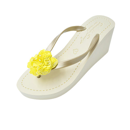 Noho Yellow Flower - Sequence Embellished Women's High Wedge Flip Flops