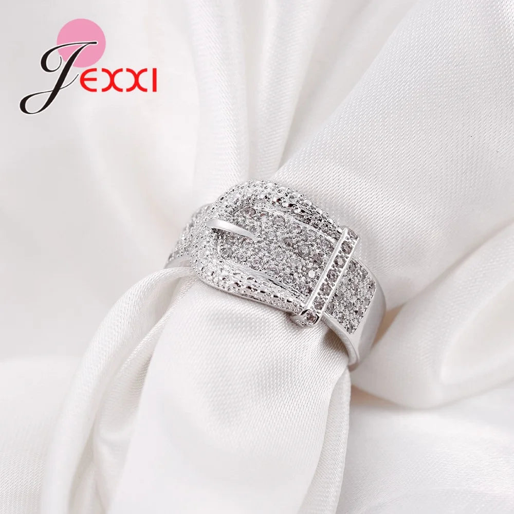 Trendy 925 Sterling Silver Women's Crystal Rings With Stones Belt Buckle Design Jewelry
