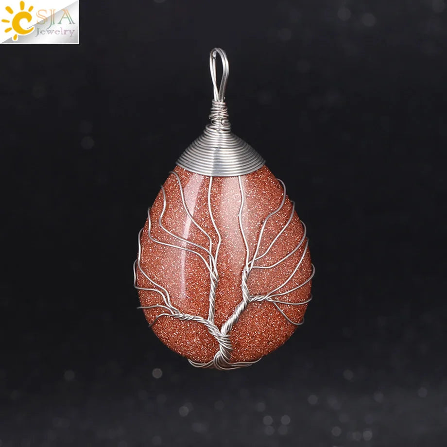 CSJA Natural Stone Pink Quartz Necklace & Pendant Silver-Color Tree of Life Wire Wrapped Water Drop Shape for Women Jewelry F122