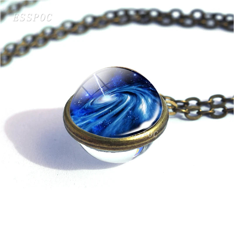 Full Moon Sphere Crystal Ball Glass Necklace Handmade Double Side Glass Ball Pendant Solar System Outer Space Astronomy Jewelry