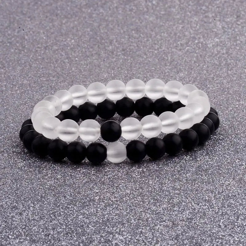 Couples Distance Bracelet Natural Wood Stone White and Black Yin Yang Beaded Bracelets for Men Women Best Friend Valentine's Day