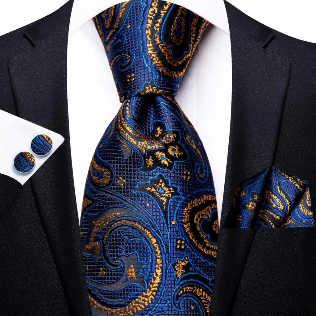Business Tie for Men Silk Blue Tie Dots Necktie Set Plaid Cufflinks for Wedding Business Tie 150cm Hi-Tie SN-3529