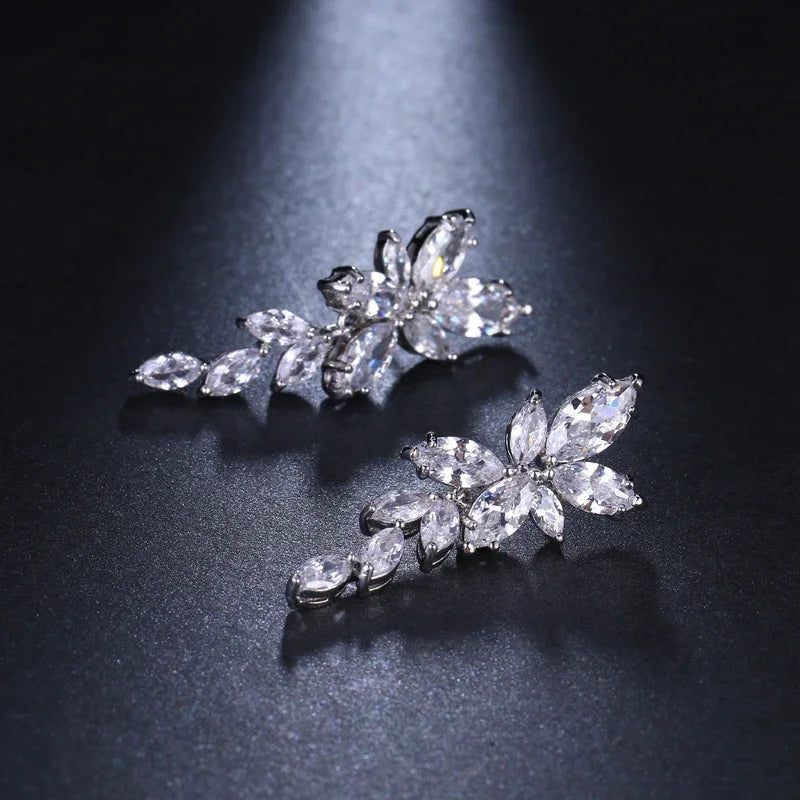 LXOEN Marquise Cut Flower Zirconia Crystal Long Drop Earrings for Women Shiny Leaf CZ Stone Bridal Wedding Jewelry
