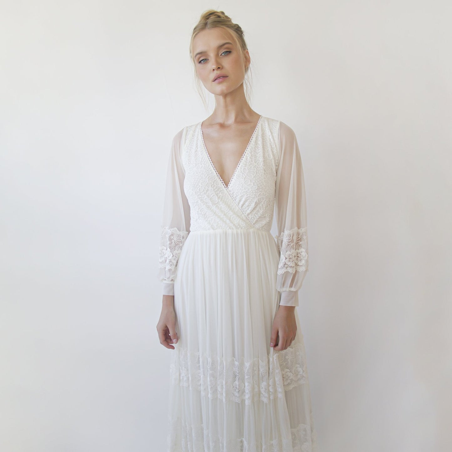 Bestseller Ivory Wrap Lace Wedding Dress With Chiffon Mesh Sleeves #1352