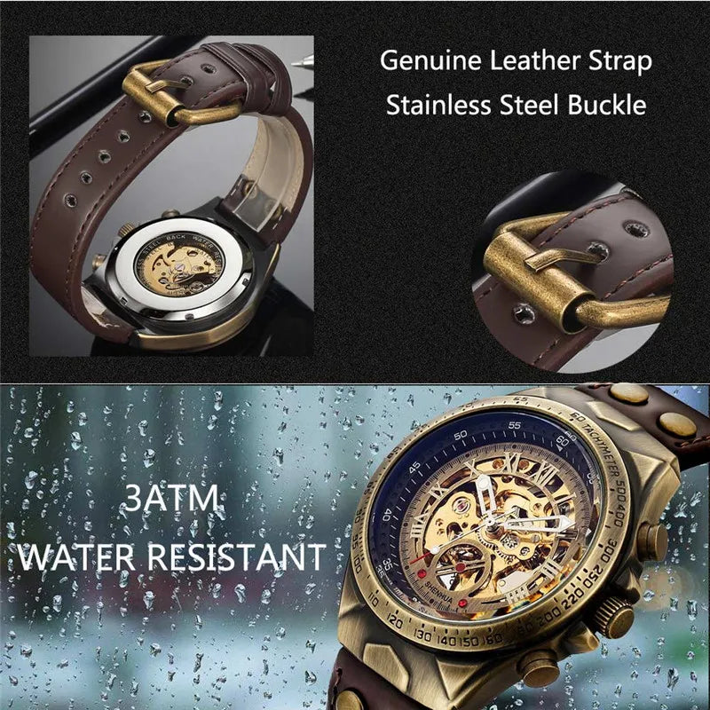 Men Watch Skeleton Automatic Mechanical Male Clock Top Brand Luxury Retro Bronze Sport Military Wristwatch Relogio Masculino