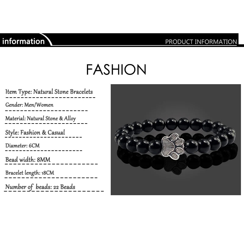 Natural Matte Black Lava Volcanic Stone Paw Print Charm Bracelet Homme Femme Pet Memorial Cat Dog Lovers Jewelry Bracelets