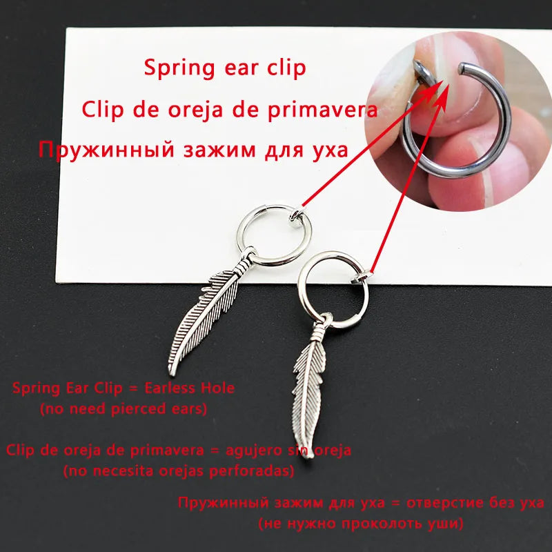 Men Punk Earrings Feather Tassel Long Chain Pendant Stainless Steel Stud Earring Trend Rock Hipster Ear Clip