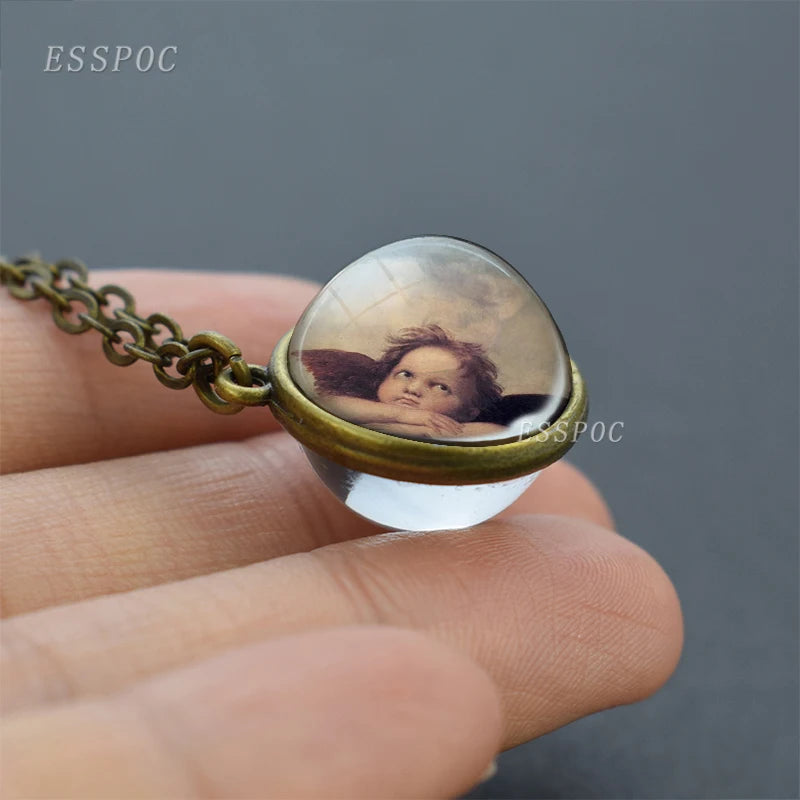 Vintage Double Sided Glass Ball Necklace Hadas Goticas Angel on Moon Art Photo Fairy Tale Pendant Women Jewelry