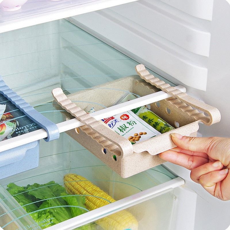 ABS Slide Storage Rack Organizer Adjustable Refrigerator Shelf Holder Drawer Organiser Space Saver Fruit Snack Kitchen Rack Shel