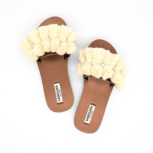 White Pompom Fringe - Waterproof Espadrille Flat