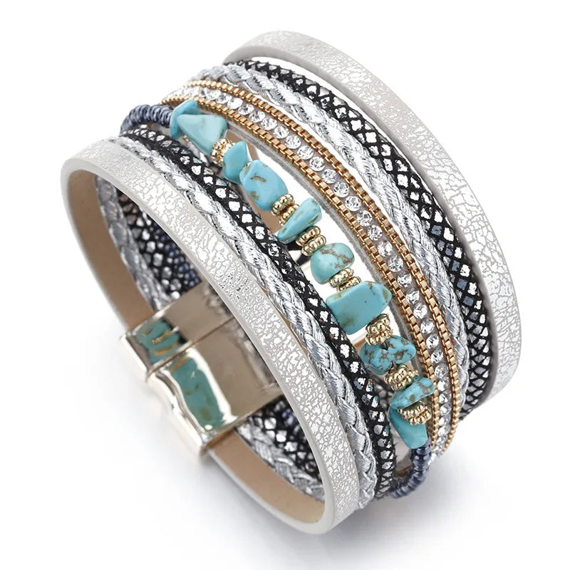 ALLYES Natural Stone Leather Bracelets for Women Luxury Brand Femme Boho Style Wide Multilayer Wrap Bracelet Female Jewelry