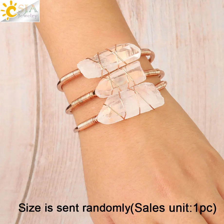 CSJA Natural Stone Clear Quartz Bangles Open Cuff Bracelet Wire Wrap Irregular Crystal Stones Copper Bangle Female Jewelry G168
