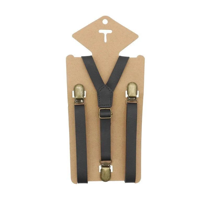 3 Clips Y Back Kid Brown Tan Leather Suspender and Bow Tie Ring Bearer Bowtie Set Birthday Outfit 80*1.5cm Adjustable