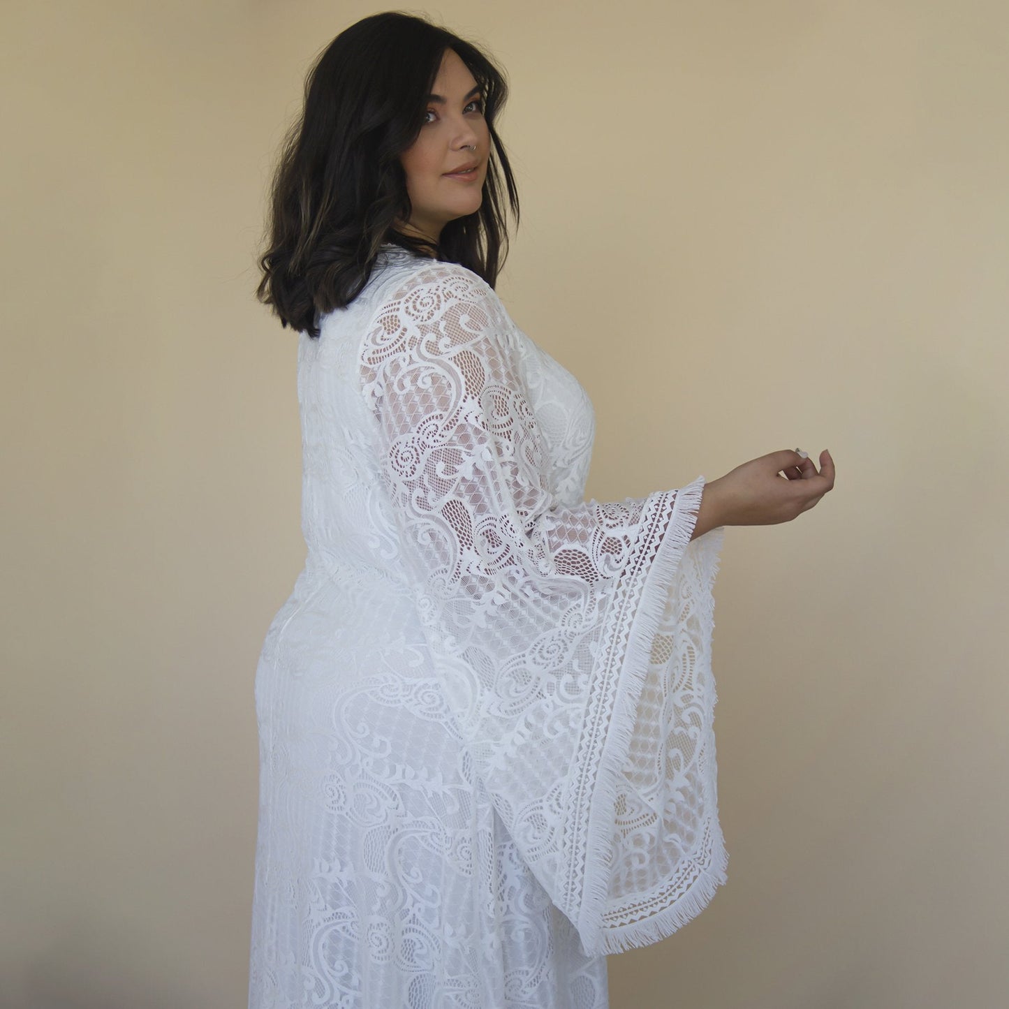 Curvy Lace Ivory Bridal Kaftan With Fringe ,Bat Sleeves Lace Wedding Dress #1328