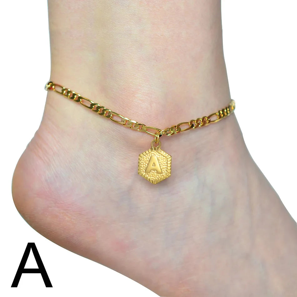 Anniyo 21cm + 10cm Extender Chain / A-Z Initial Letter Anklet for Women Alphabet Jewelry Foot Chain Girl #105906