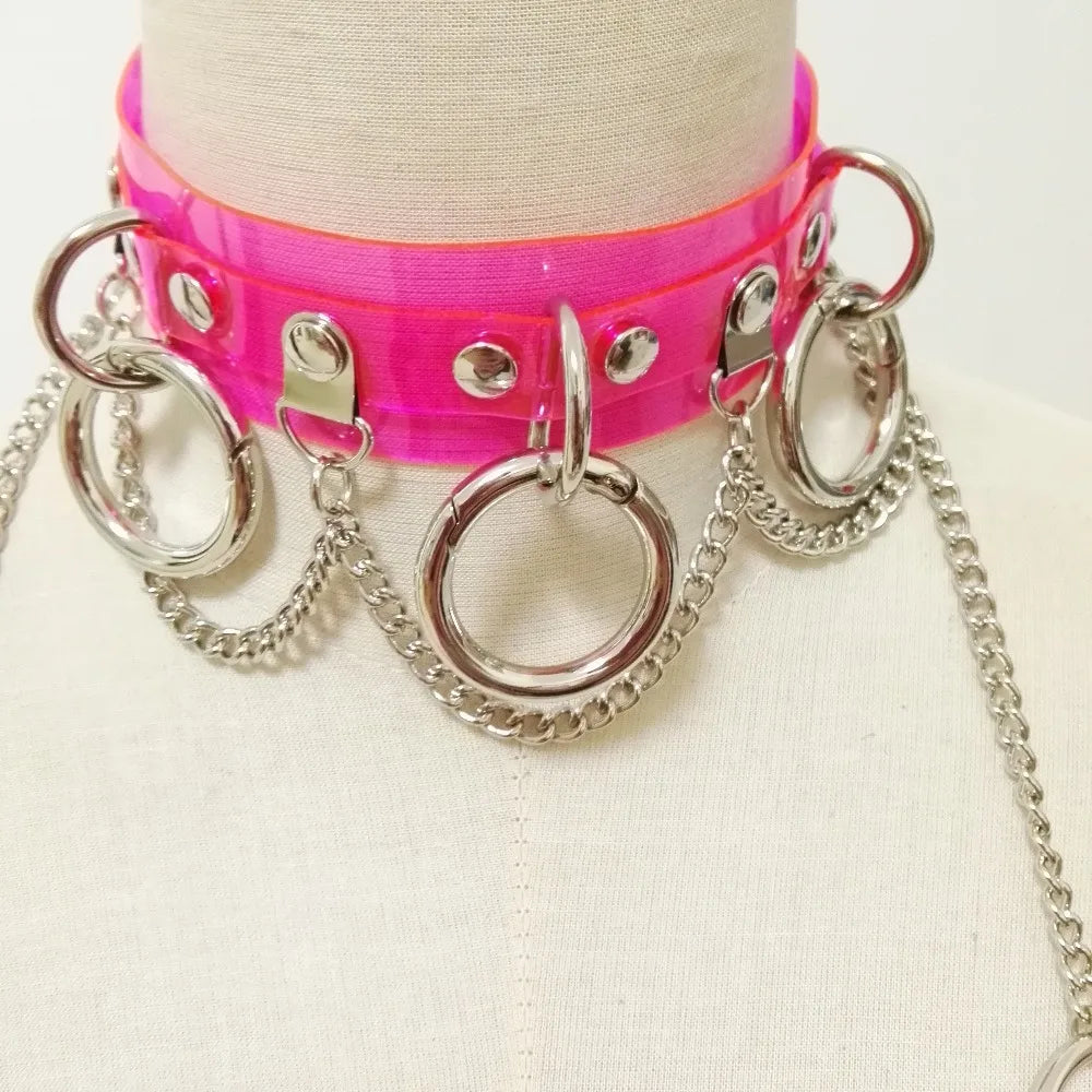 Women Fashion Punk Choker Necklace Handmade Neon Green Neon Pink Three O Chain Necklace Harajuku Collar Belt