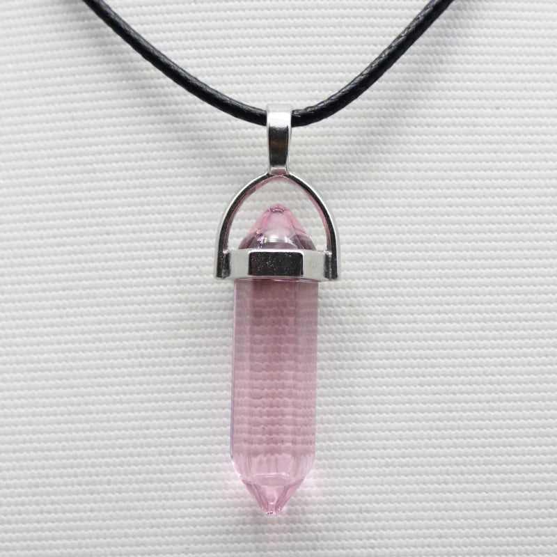 1PCS Natural Stone Quartz Crystal Opal Agates Hexagonal Column Pendulum Pendant Leather Chains Necklace Fashion Charms Pendant