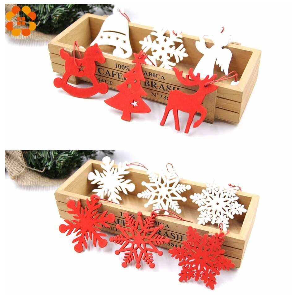 6PCS DIY White&Red Snowflakes Christmas Wooden Pendants Ornaments for Xmas Tree