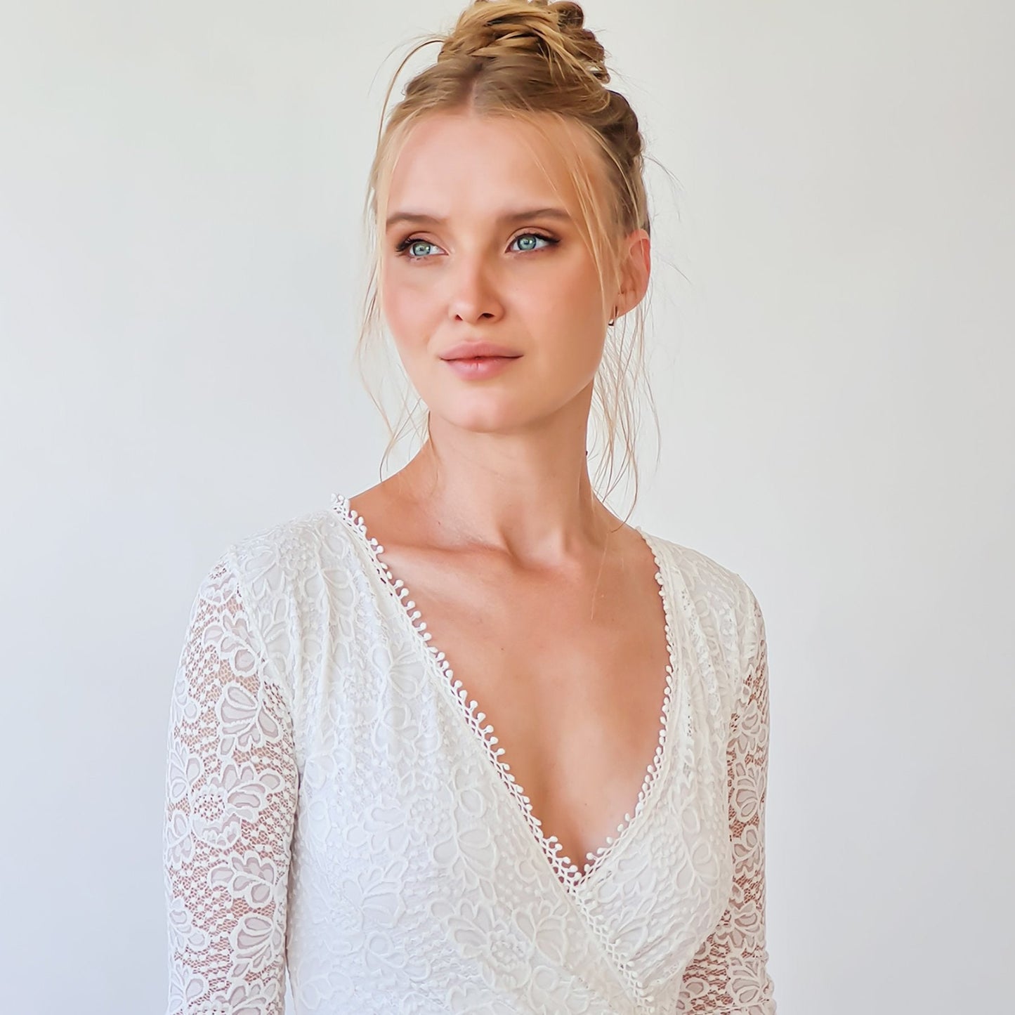 Bohemian Lace Wedding Dress Wrap Neckline With Fringes #1363