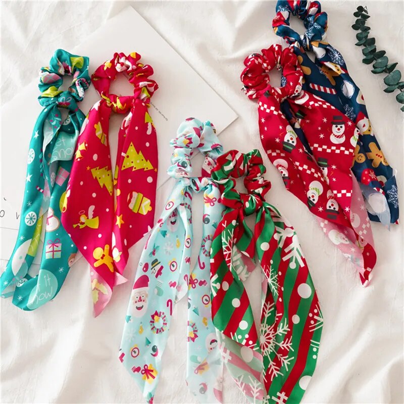 Santa Claus Bows Hair Scrunchies Long Ribbon Ponytail Scarf Hair Tie Women Girls Elastic Hair Bands Christmas Hair Accessories