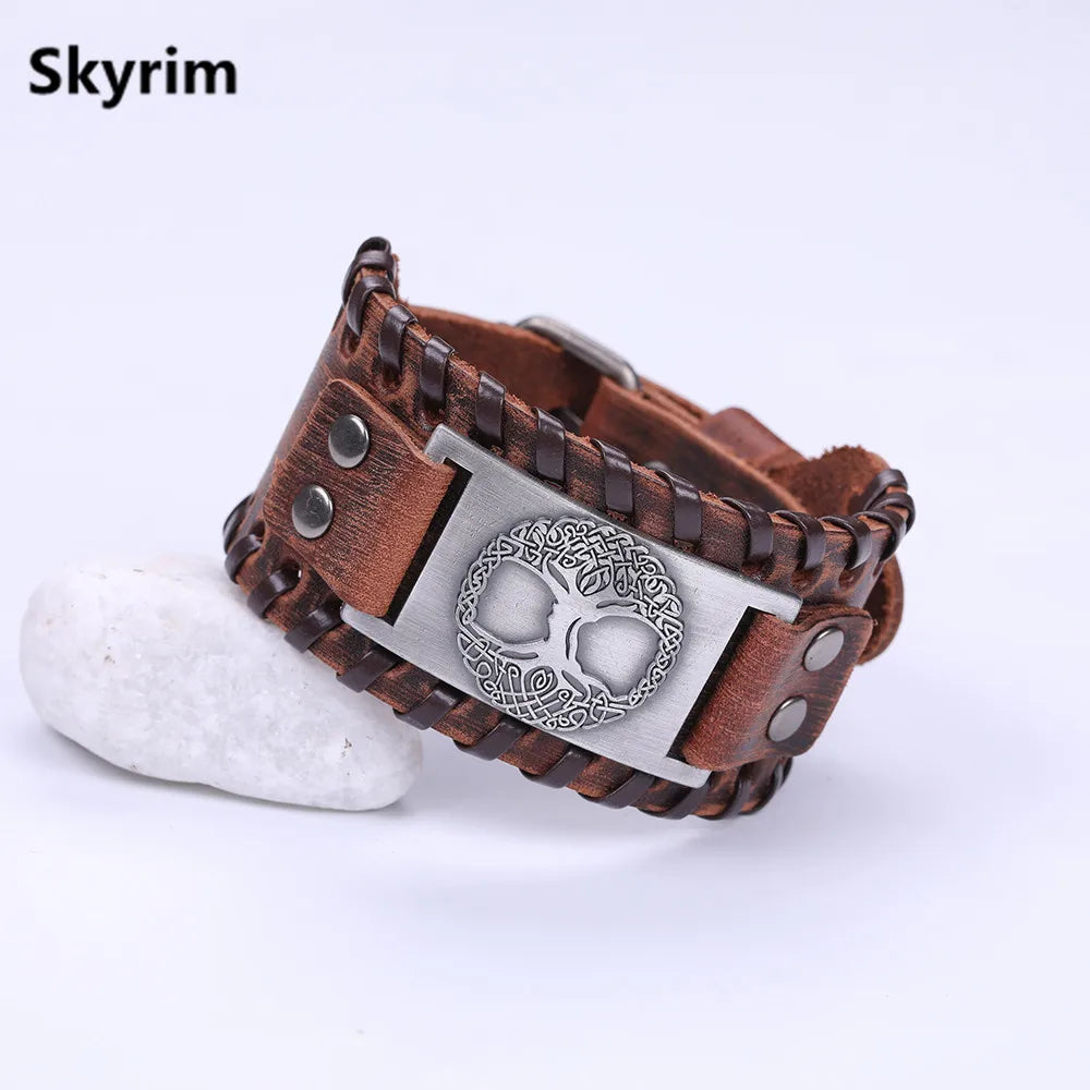 Skyrim Tree of Life Vintage Wrap Wicca Metal Leather Bracelet Amulet Adjustable Cuff Bracelet Vintage Jewelry Men