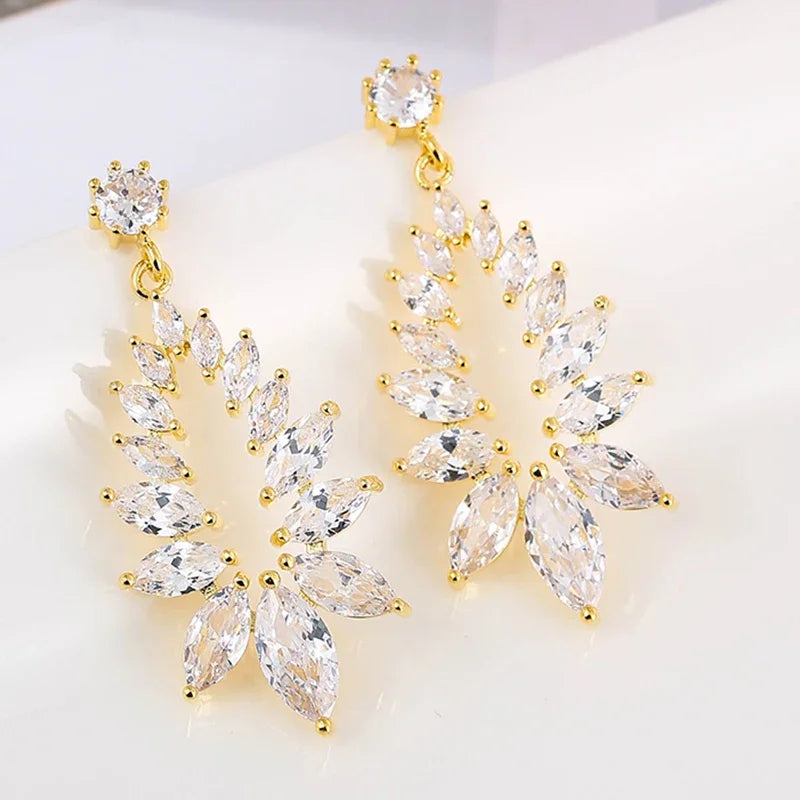 LXOEN Marquise Cut Flower Zirconia Crystal Long Drop Earrings for Women Shiny Leaf CZ Stone Bridal Wedding Jewelry