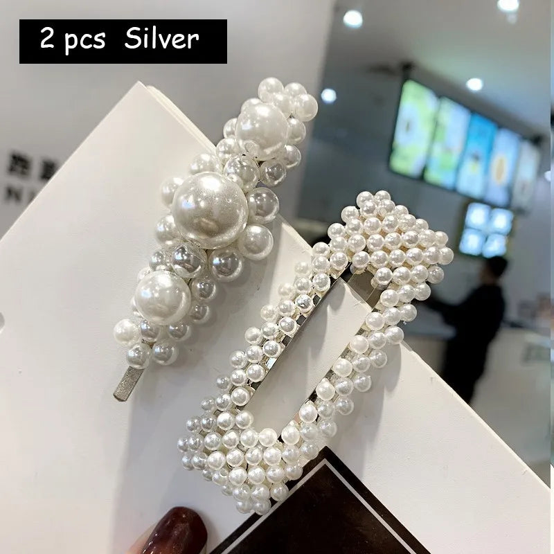 Korean Simulated Pearl Barrettes Beaded Geometric Women Hair Clip Hairgrips Hair Accessories Girls Jewelry Hair Pins