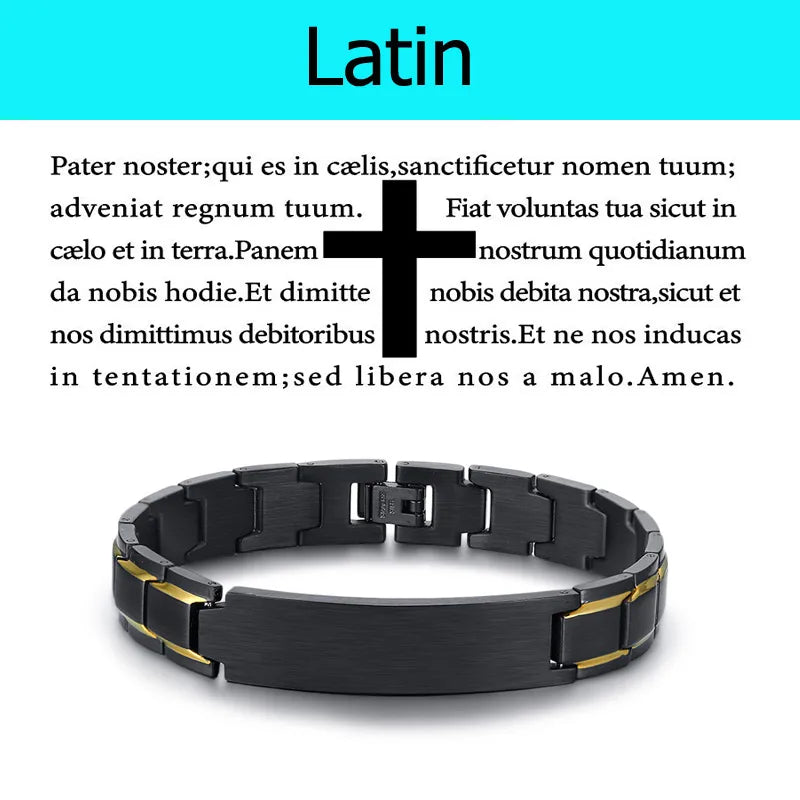 Stainless Steel Metal Bracelet Men Latin Japanese Korean Language Christian Lord's Prayer Bracelets