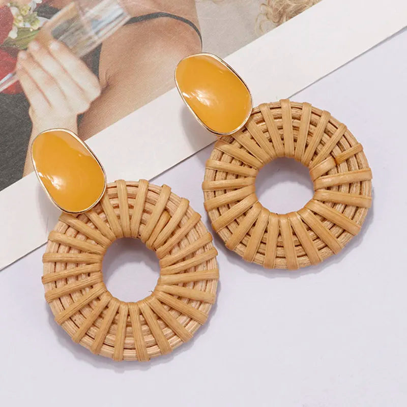AENSOA Multiple 27 Style Korea Handmade Wooden Straw Weave Rattan Vine Braid Drop Earrings New Geometric Long Earrings