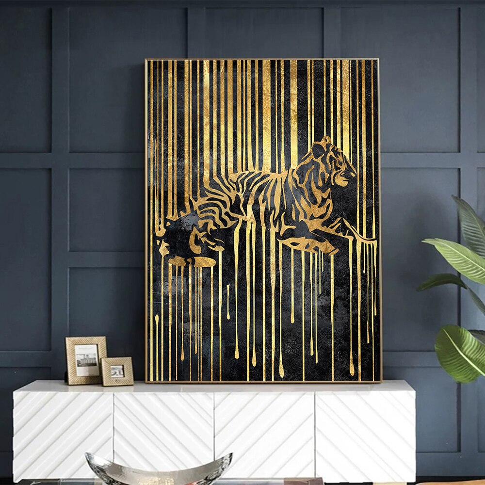 Abstract Gold Line Zebra Canvas Painting Plant Tiger Giraffe Leopard Poster Wall Pictures for Living Room Interior Home Decor