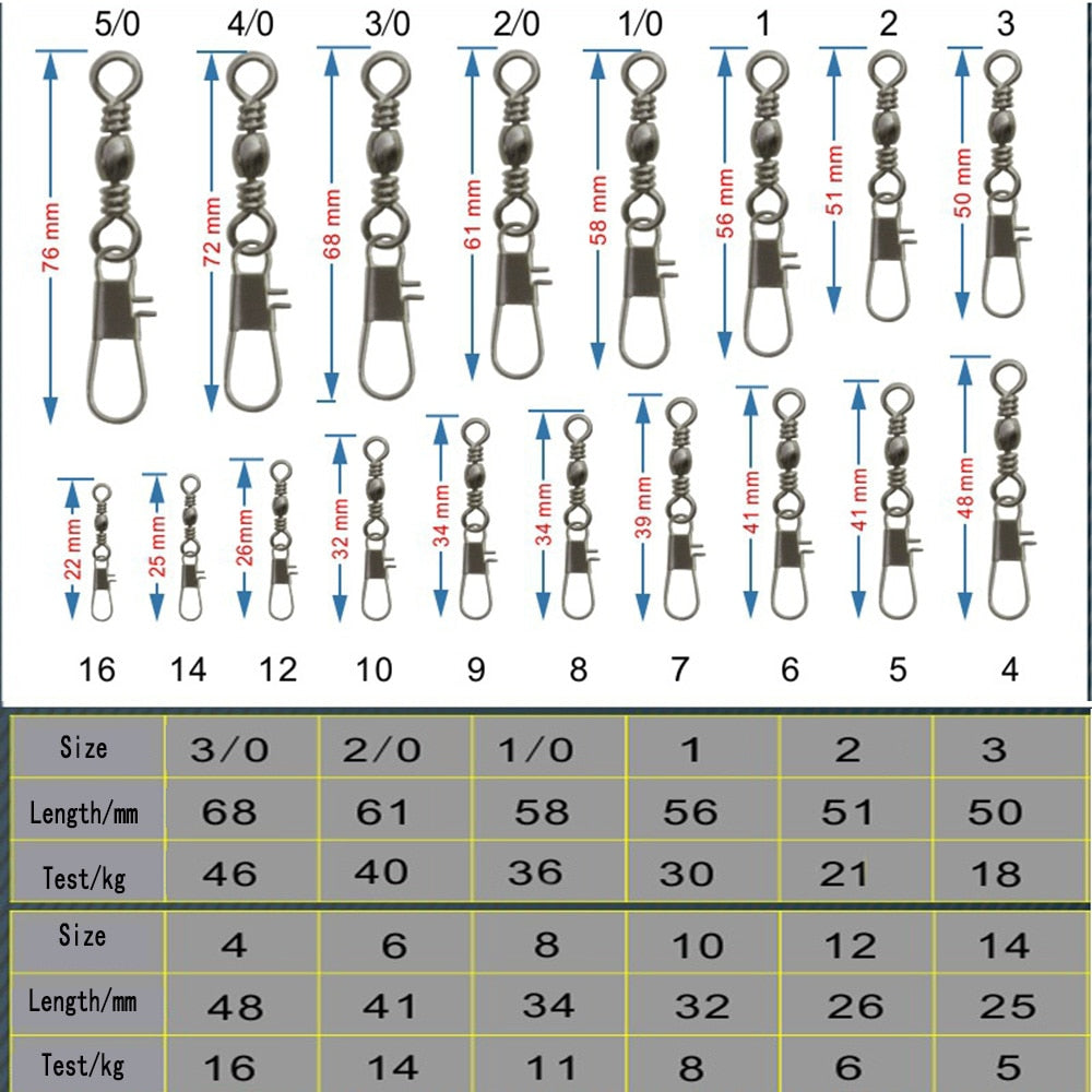50pcs 14# to 3/0# Swivels Interlock Snap Fishing Lure Tackles Gear Accessories Connector Swivels Pin Bearing Rolling Solid Tool