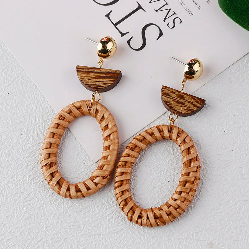 AENSOA Multiple 27 Style Korea Handmade Wooden Straw Weave Rattan Vine Braid Drop Earrings New Geometric Long Earrings