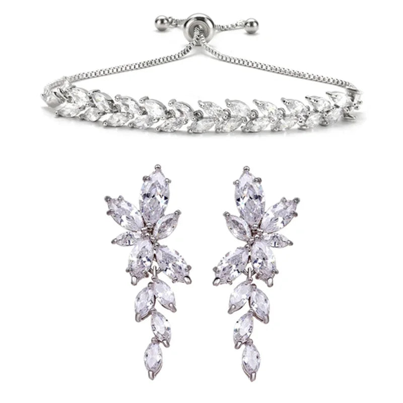LXOEN Marquise Cut Flower Zirconia Crystal Long Drop Earrings for Women Shiny Leaf CZ Stone Bridal Wedding Jewelry