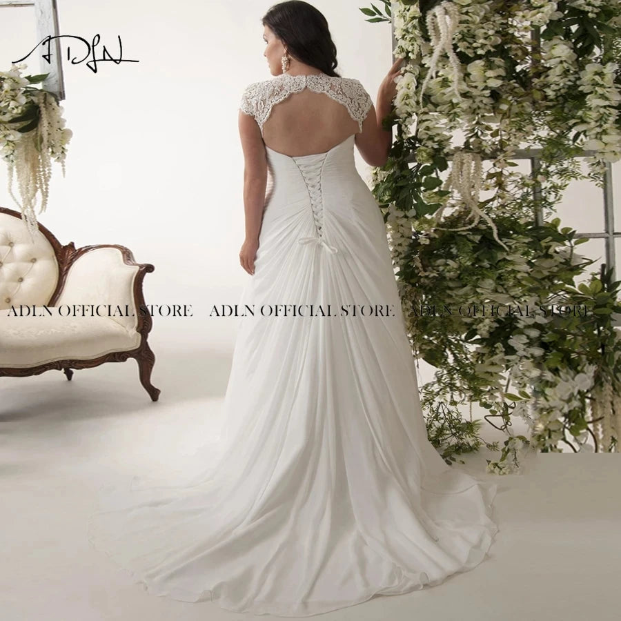 Elegant Plus Size Wedding Dresses V-Neck Cap Sleeves Robe De Mariage Sweep Train Appliqued Open Back Chiffon Bridal Gown