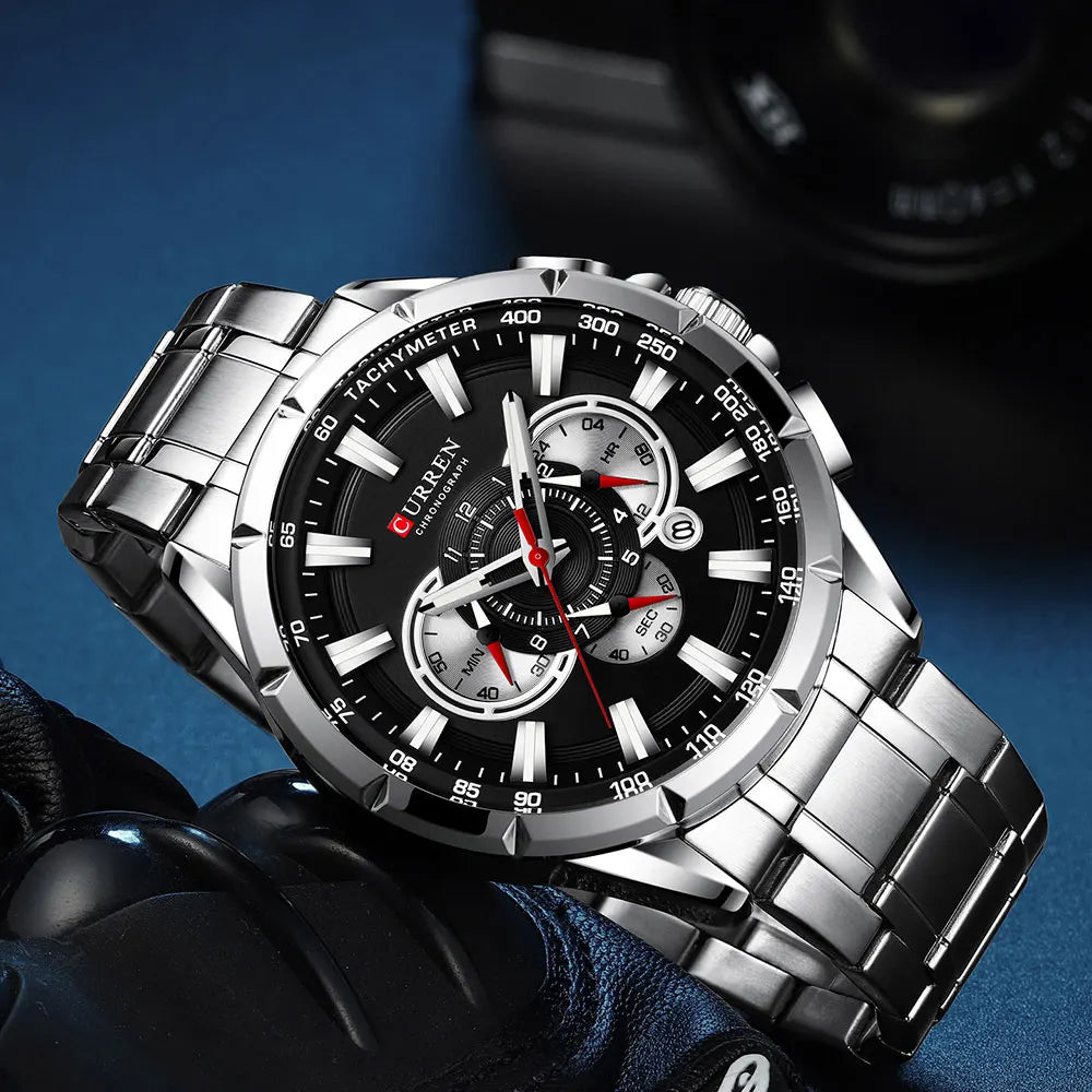 CURREN New Casual Sport Chronograph Men's Watches Stainless Steel Band Wristwatch Big Dial Quartz Clock With Luminous Pointers