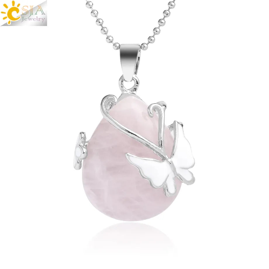 CSJA Water Drop Natural Stone Pendant Butterfly Necklace Pink Quartz Purple Crystal Tiger Eye Flower Necklace for Women Men G082