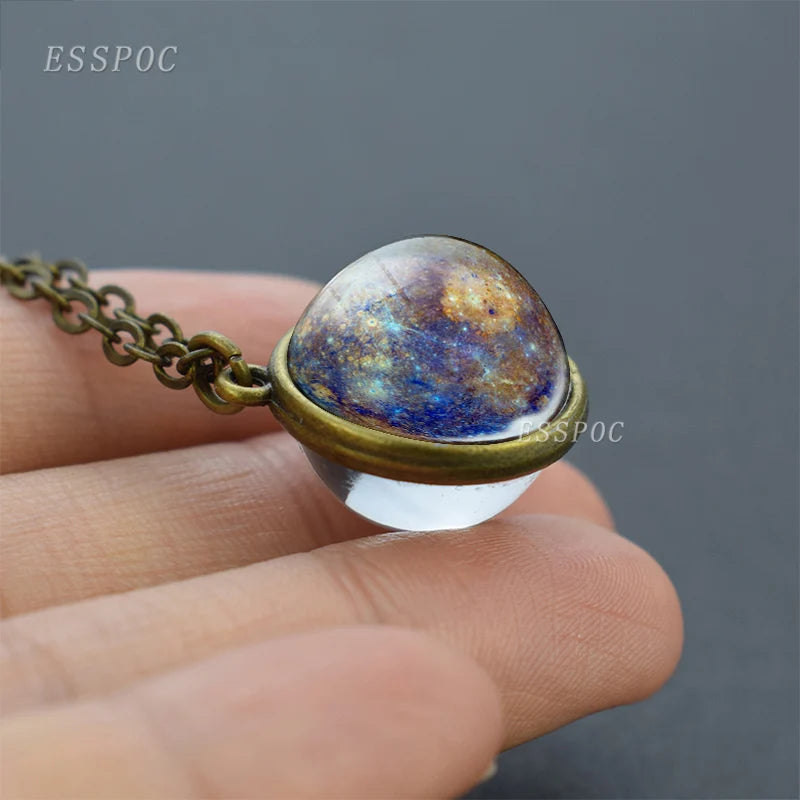Full Moon Sphere Crystal Ball Glass Necklace Handmade Double Side Glass Ball Pendant Solar System Outer Space Astronomy Jewelry