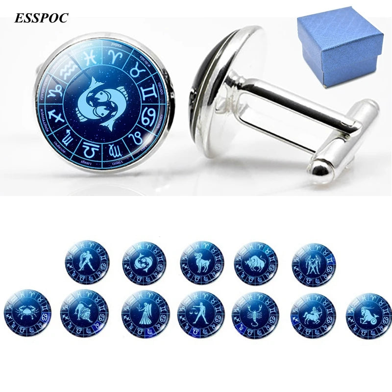 12 Zodiac Signs Glass Cabochon Cufflinks Metal Constellations Cuff Link for Men Shirt Accessories Valentines Day