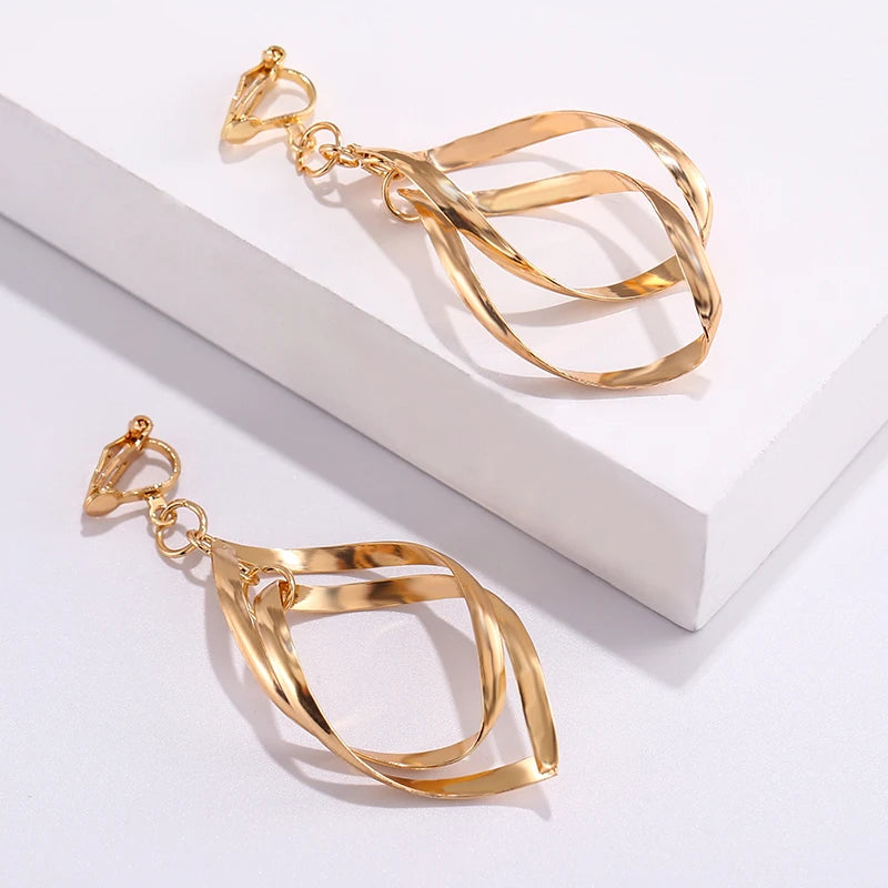 Simple Fashion Gold Color Silver Plated Geometric Big Round Clip Earrings for Women Fashion Big Hollow Ear Clip Jewelry
