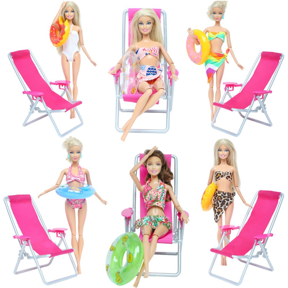 3 Pcs/Lot = 1x Swimsuit Bikini + 1x Random Swimming Buoy Lifebelt Ring +1x Pink Foldable Beach Chair Accessories for Barbie Doll